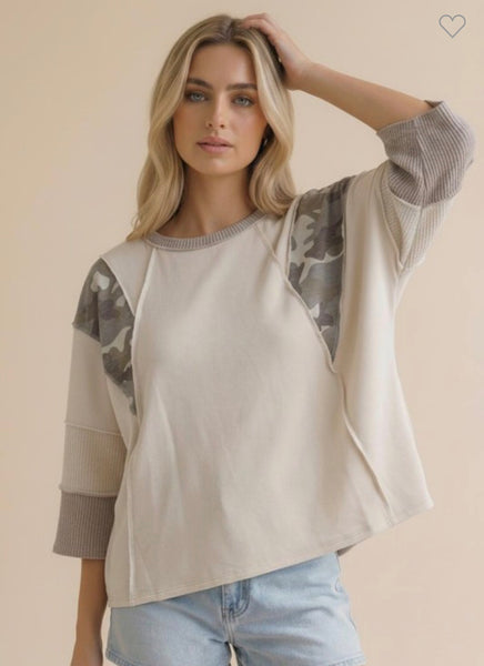 Oatmeal/taupe loose fit camo top