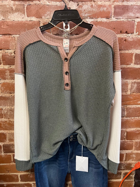 Olive/camel waffle top