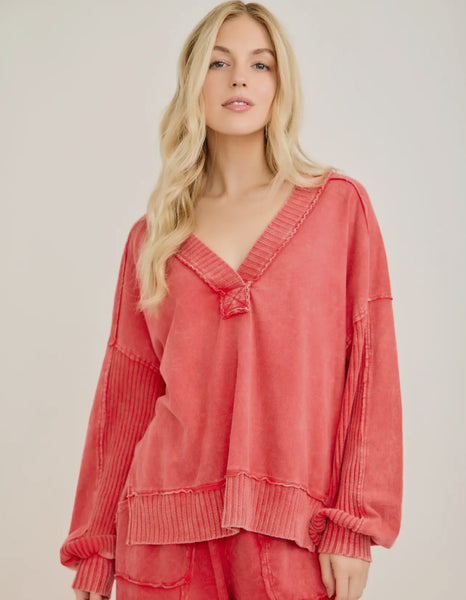 Red mineral wash vneck sweatshirt