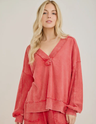 Red mineral wash vneck sweatshirt