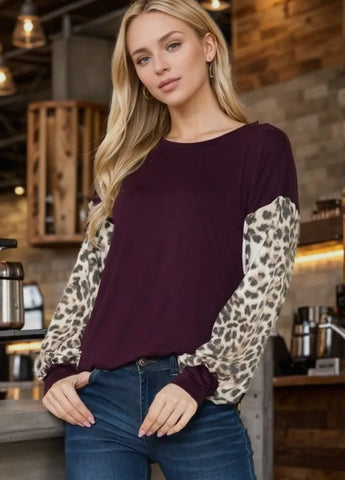 Burgundy, leopard basic top