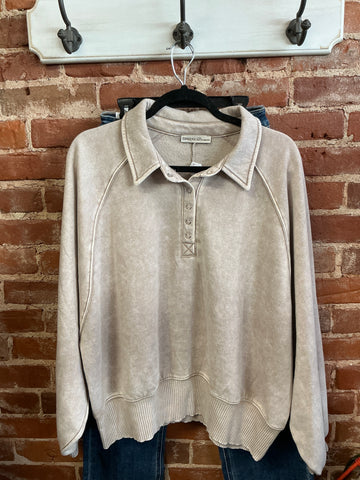 Taupe Zenana mineral wash button fleece