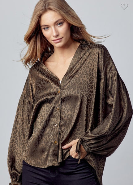 Deep olive leopard collared neck blouse