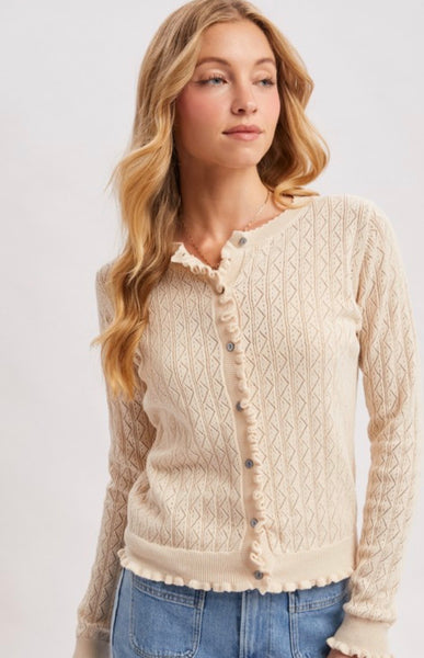 Natural button down ruffled hem sweater