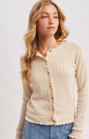 Natural button down ruffled hem sweater