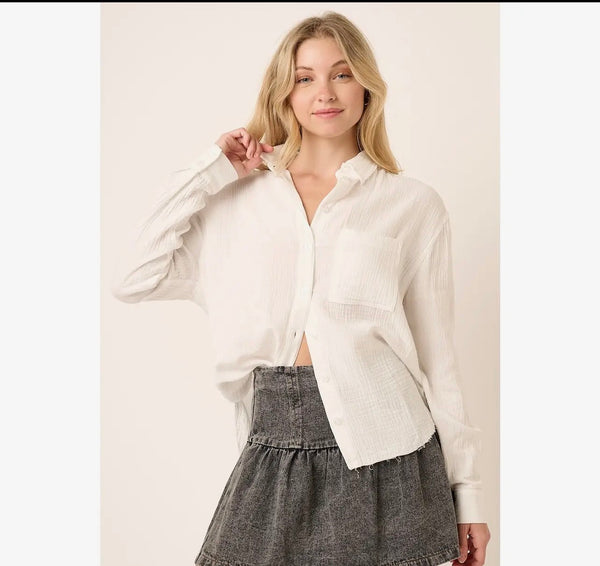 White gauze button down