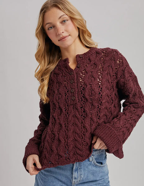 Maroon half button down open knit