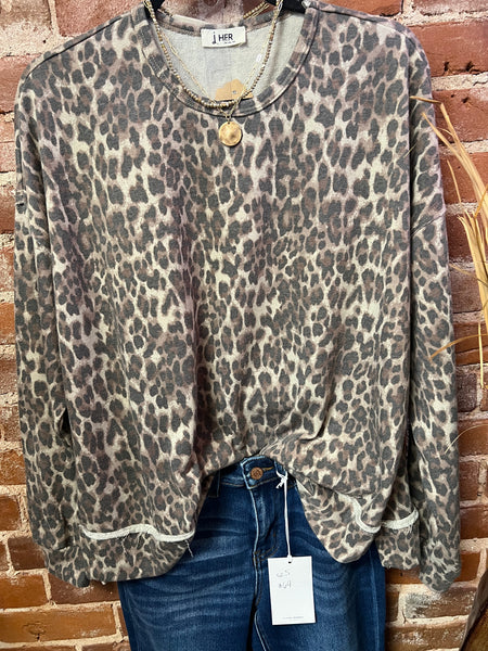 Mocha washed leopard crewneck sweatshirt