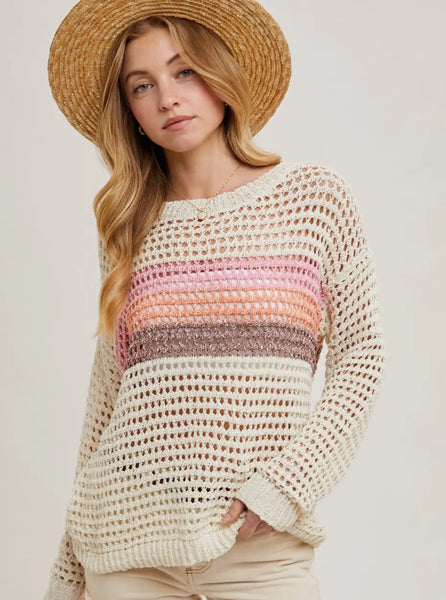 Ivory color block open knit sweater