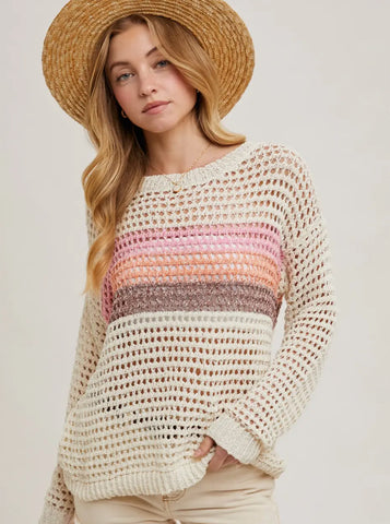 Ivory color block open knit sweater