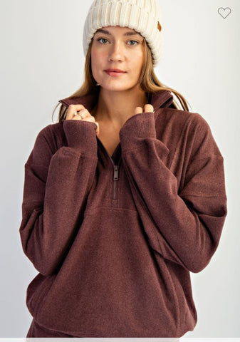 Dark cherry ribbed quarter zip pullover