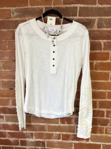 White blue ivy long sleeve with buttons and crochet sleeves