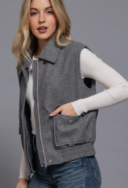 Grey notched collar zip up vest