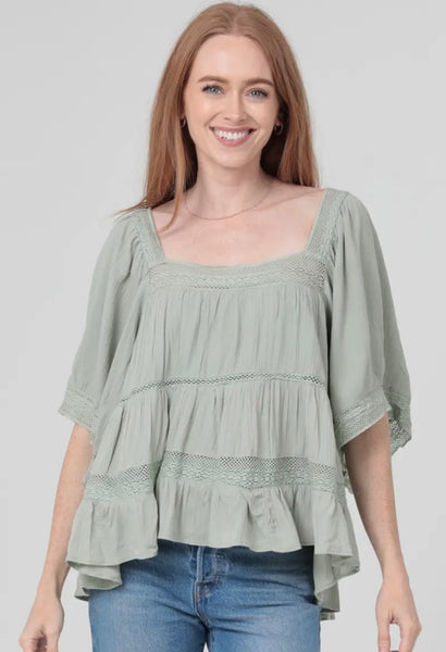 Sage square lace neck top