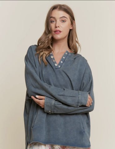 Ash navy mineral wash w/snap detail sweatshirt