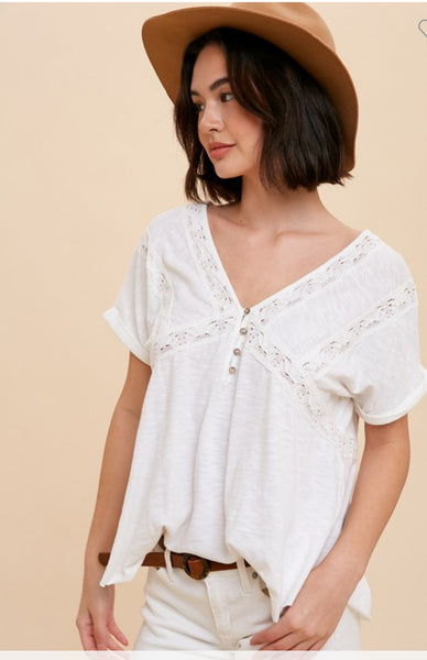 White lace top w/button detail