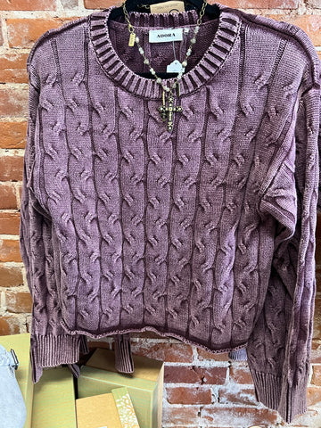 Plum mineral wash sweater w/cut edge