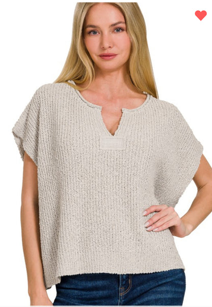 Bone split neck side slit sweater