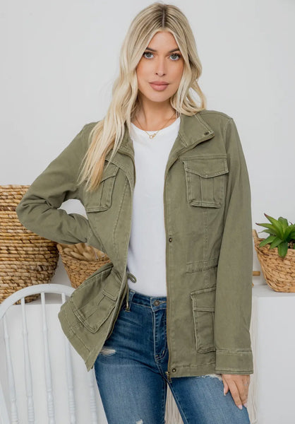 Olive twill garment washed jacket